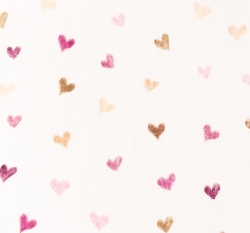 Dvojitá gázovina / mušelín malovaná srdíčka do růžova na bílé