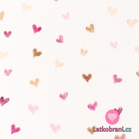 Dvojitá gázovina / mušelín malovaná srdíčka do růžova na bílé