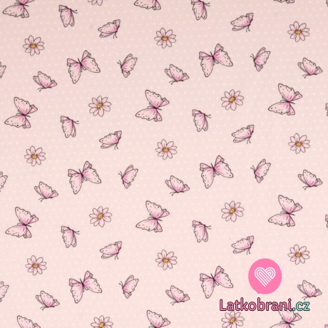 Bavlněný popelín potisk poletující motýlci mezi kopretinami na světle růžové