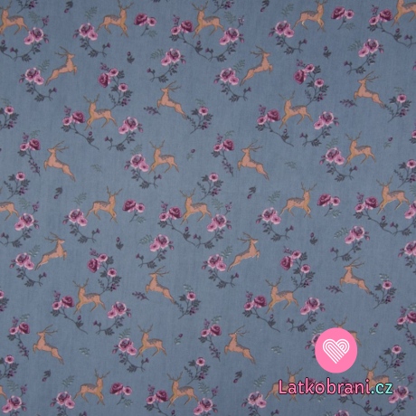 Bavlněný popelín jelen ve skoku mezi růžičkami na zaprášené modré