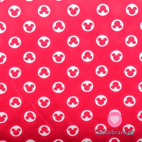 Teplákovina potisk hlavička myšky v bílém kroužku na malinově růžové