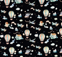 Úplet potisk horkovzdušný balón a letadlo nad krajinou na černé