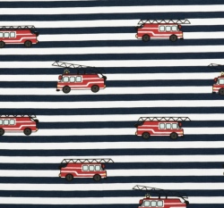 Úplet potisk hasičská auta na tmavěmodro-bílých proužcích