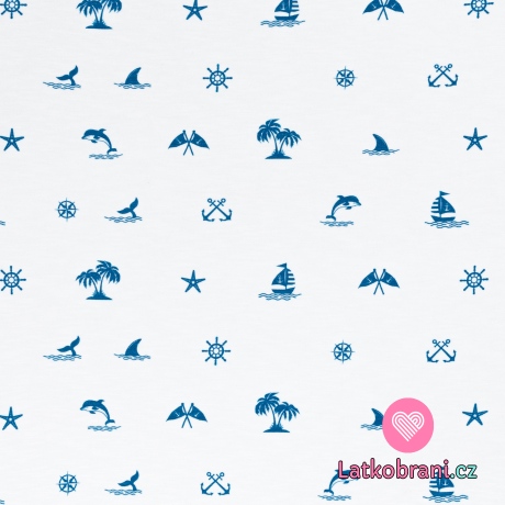 Viskózový úplet potisk mořský svět na ecru