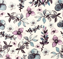 Úplet potisk fialové a modré květy s větvičkami na bílé 