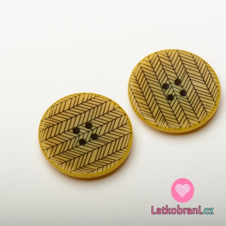 Knoflík kulatý, čtyřdírkový, okrový s "copánky" 