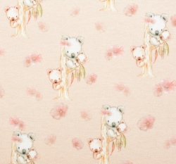 Úplet potisk koalí rodinka a růžové kytičky na růžové, BIO