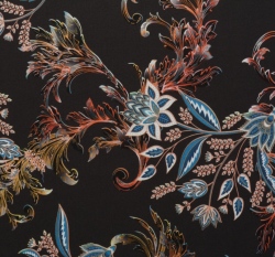 Silky / umělé hedvábí / pavučinka potisk květy na temně hnědé