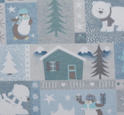 Teplákovina potisk polární zvířátka na modré/ taupové 