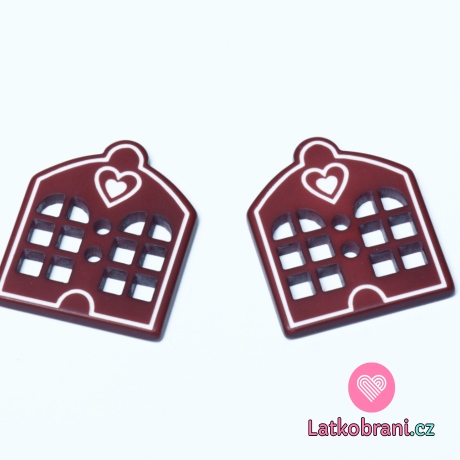 Knoflík ve tvaru domečku se srdíčkem vínový