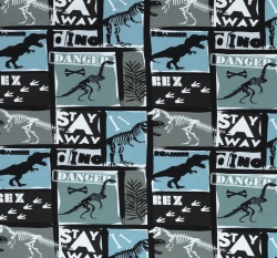 Teplákovina potisk dinosauři na modro-šedé, lehce počesaná