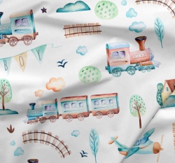 Teplákovina potisk vláček jede krajinou na bílé