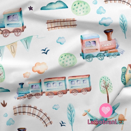 Teplákovina potisk vláček jede krajinou na bílé