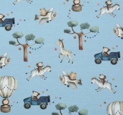 Úplet potisk safari zvířátka v dopravních prostředcích na modré