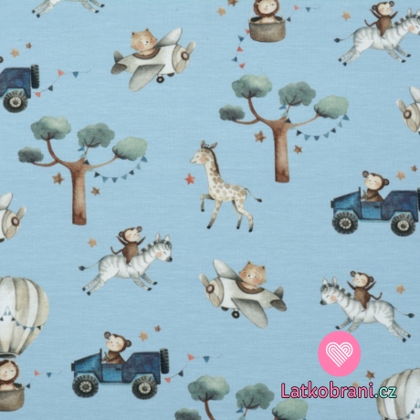 Úplet potisk safari zvířátka v dopravních prostředcích na modré