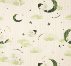 Bavlněný vaflový úplet potisk zelení spící sloníci na obloze