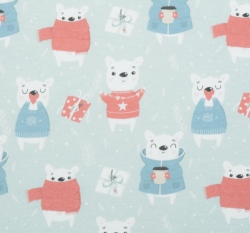 Teplákovina medvěd ve svetru s dárky na modroučké