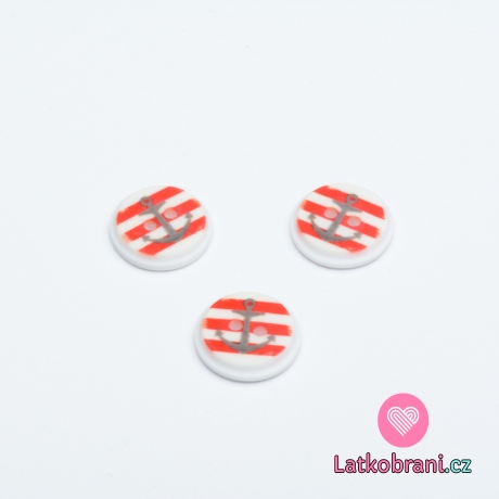 Knoflík kulatý, dětský kotva na červených proužcích
