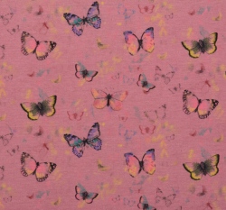 Teplákovina potisk poletující motýlci na starorůžové