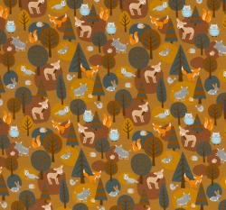 Teplákovina potisk lesní zvířátka na okrové, lehce počesaná