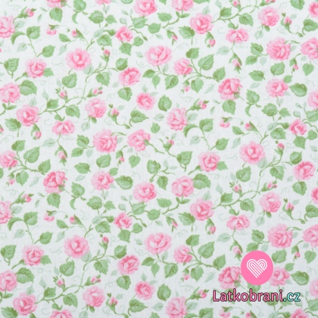 Bavlněné plátno potisk růžové růžičky na bílé