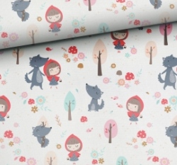 Bavlněné plátno Červená Karkulka a vlk na bílé