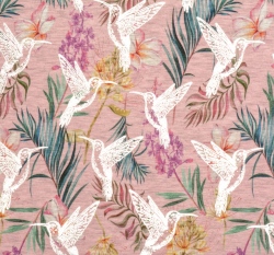 Úplet potisk květy a metalický stříbrný kolibřík na starorůžovém melé